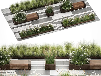 Modern Garden Ornaments With Lush Green Plants Wooden Benches And Patterned Paving Tiles 3d model