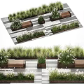 Modern Garden Ornaments With Lush Green Plants Wooden Benches And Patterned Paving Tiles