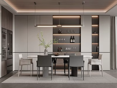 Modern Restaurant Interior With Dining Table Chairs Pendant Lights Wine Rack And Green Plants 3d model
