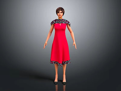 Game And Movie Female Character In Red Dress With Black Trimmed Collar And Short Hair 3d model