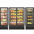 Commercial Display Refrigerators Fully Stocked With Various Food Items Beverages Fruits Vegetables And Meat Products