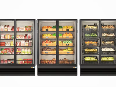 Commercial Display Refrigerators Fully Stocked With Various Food Items Beverages Fruits Vegetables And Meat Products 3d model