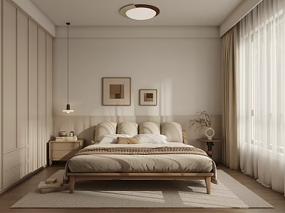 Minimalist Modern Bedroom With Beige Large Bed Wardrobe Wall Art Pendant Light Curtains And Rug 3d model