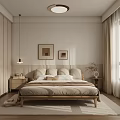 Minimalist Modern Bedroom With Beige Large Bed Wardrobe Wall Art Pendant Light Curtains And Rug
