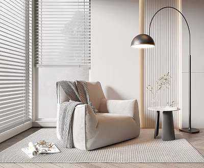 Light Beige Lazy Sofa in Modern Living Room with Floor Lamp Side Table and Window Blinds 3d model