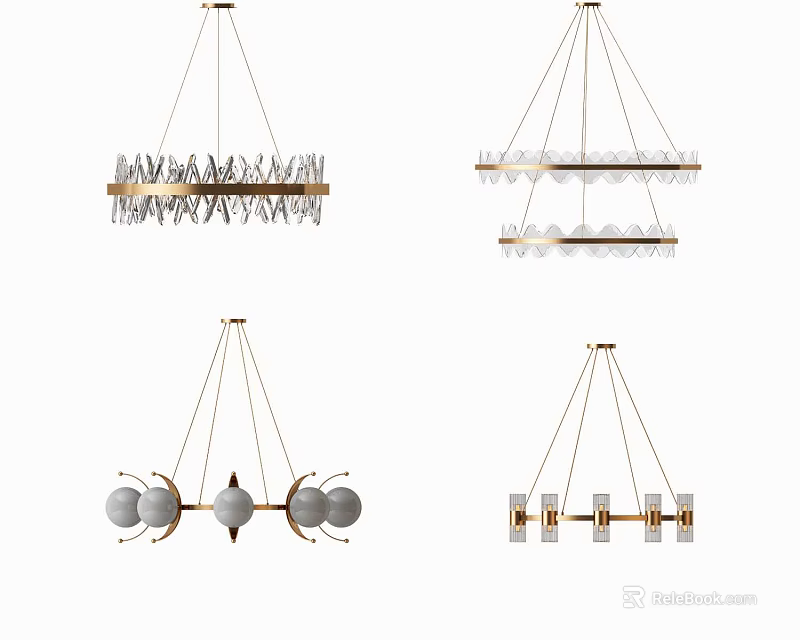 Modern Stylish Hanging Chandeliers With Metal Frames And Glass Pendants 3d model 