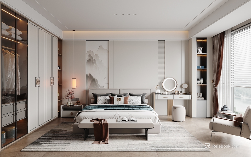 Modern Bedroom Interior With Bed Wardrobe Dressing Table And Wall Painting 3d model 