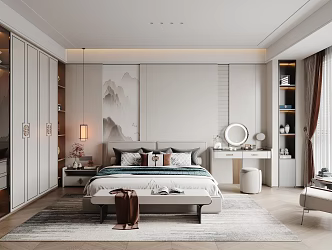 New Chinese Bedroom New Chinese Double Bed Bedside Table Dressing Table New Chinese Footstool New Chinese Wardrobe Chandelier Carpet Curtain Blinds Switch Panel 3d model