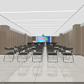 Spacious Conference Room With Wooden Walls White Ceiling Projection Screen And Neatly Arranged Black Chairs