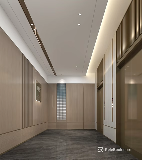 Modern Elevator Lobby Interior Design With Wooden Walls And Recessed Lighting 3d model 