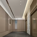Modern Elevator Lobby Interior Design With Wooden Walls And Recessed Lighting