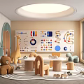 Colorful Kids Room Interior Design With Round Table Chairs Teddy Bear And Wall Puzzle Board