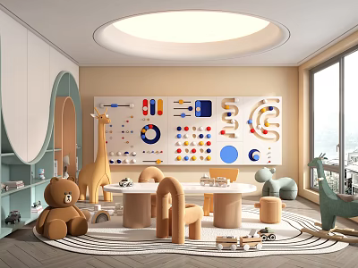 Colorful Kids Room Interior Design With Round Table Chairs Teddy Bear And Wall Puzzle Board 3d model