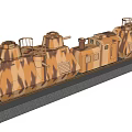 Doll Figure on Camouflage Model Train with Multiple Carriages on Track