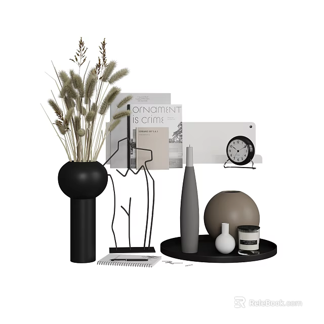 Modern Decorative Ornament Set with Black Vase Reed Magazine Metal Figurine Clock and Tray 3d model 