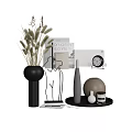 Modern Decorative Ornament Set with Black Vase Reed Magazine Metal Figurine Clock and Tray