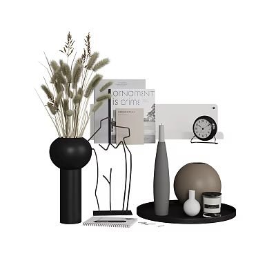 Modern Decorative Ornament Set with Black Vase Reed Magazine Metal Figurine Clock and Tray 3d model
