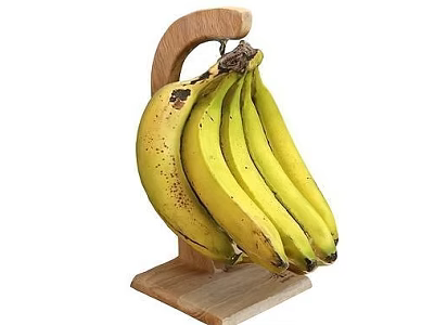 Fresh Ripe Bananas Hanging On A Wooden Banana Holder For Healthy Snack 3d model