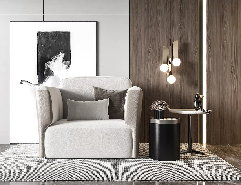 Elegant Modern Single Sofa With Throw Pillows Side Table And Wall Art On Rug 3d model