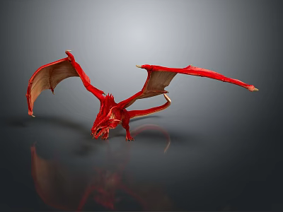 Red Dragon Game Movie Character With Outstretched Wings And Reflection On Grey Background 3d model