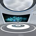 Futuristic Digital Exhibition Space With Data Visualization Screens Central Console And Circular Design 3d model