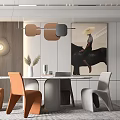 Modern Dining Table Set With Orange Gray Chairs Pendant Lights And Wall Art 3d model