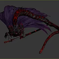 Woman With Purple Long Hair Holding Weapon And Red Black Tail In Black Red Outfit