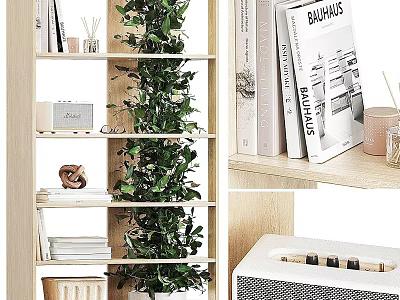 Modern Wooden Bookshelf With Layered Design Green Plant And Decorative Books 3d model