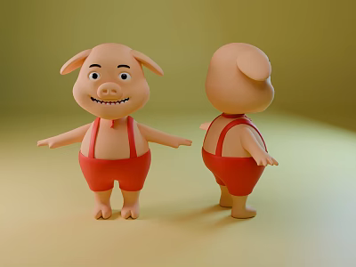 Cartoon Pig Game Movie Character In Red Overalls Front And Back Views On Yellow Background 3d model