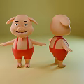 Cartoon Pig Game Movie Character In Red Overalls Front And Back Views On Yellow Background