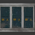 Industrial Electrical Cabinet With Three Green Doors And Yellow Warning Signs