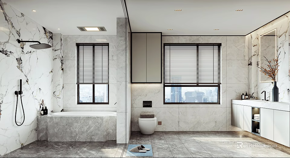Modern Light Luxury Marble Bathroom Design With Bathtub Toilet And Large Window Overlooking City View 3d model 