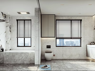 Modern Light Luxury Marble Bathroom Design With Bathtub Toilet And Large Window Overlooking City View 3d model