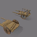 Ancient Wooden Transport Cart With Large Spoked Wheels And Metal Rails
