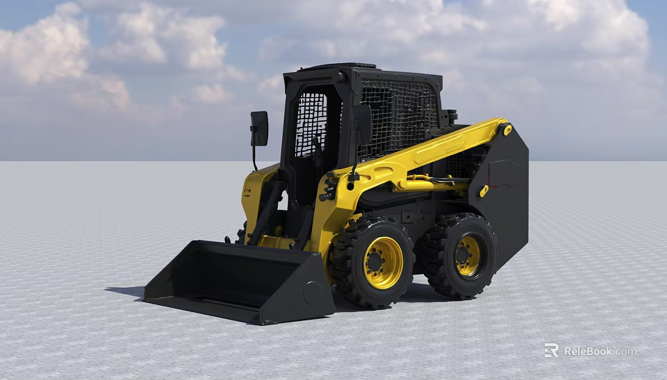 Yellow And Black Skid Steer Loader With Front Bucket Large Tires And Protective Cab 3d model 