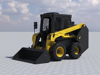 Yellow And Black Skid Steer Loader With Front Bucket Large Tires And Protective Cab 3d model