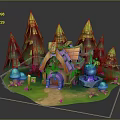 Enchanting Natural Scene With Pine Trees Wooden Cottage Mushrooms Grassy Path And Magic Cauldron