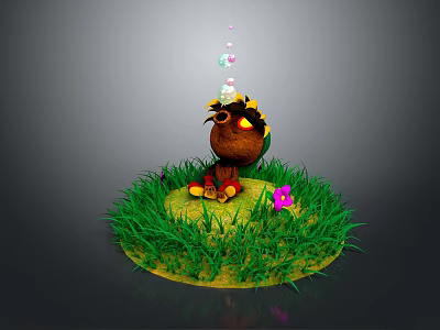 Brown Game And Movie Character With Glowing Eyes Sitting On Green Grass With Pink Flower 3d model