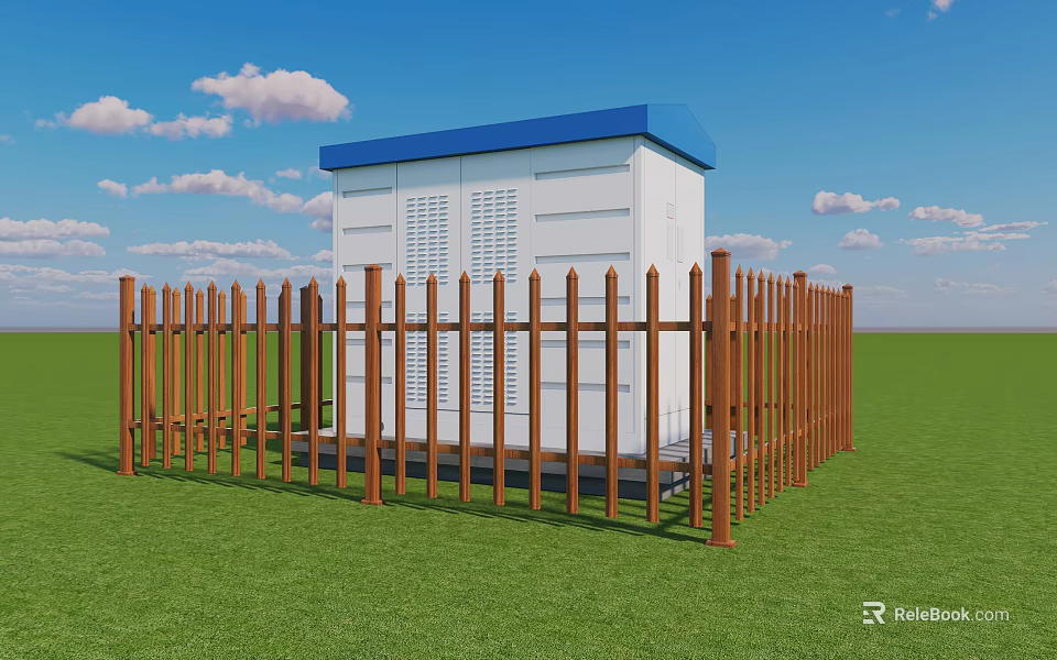 Brown Wooden Fence Enclosing White Electrical Cabinet With Blue Roof On Green Lawn 3d model 