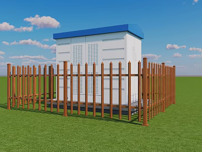 Brown Wooden Fence Enclosing White Electrical Cabinet With Blue Roof On Green Lawn 3d model