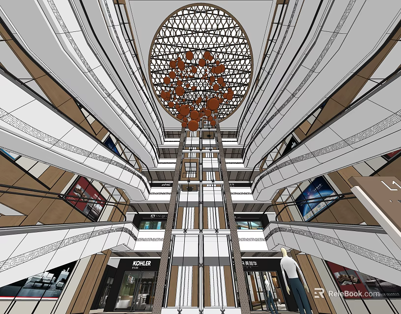 Modern Shopping Mall Lobby With Circular Ceiling Decoration And Multi Level Design 3d model 