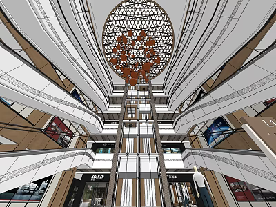 Modern Shopping Mall Lobby With Circular Ceiling Decoration And Multi Level Design 3d model
