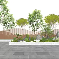 Wavy Wooden Landscape Wall Surrounded by Trees and Greenery in Paved Area
