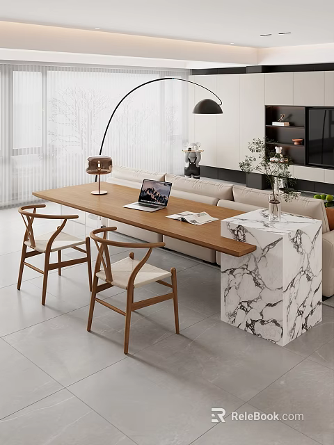 Modern Living Room Wooden Table With Chairs Laptop Magazines And Marble Plant Lamp 3d model 