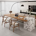 Modern Living Room Wooden Table With Chairs Laptop Magazines And Marble Plant Lamp