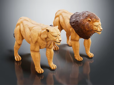 Two Standing Wooden Lion Sculptures With Detailed Carvings And Realistic Features 3d model