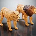 Two Standing Wooden Lion Sculptures With Detailed Carvings And Realistic Features