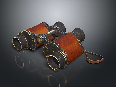 Vintage Binoculars With Brown Leather And Metal Components On Black Surface 3d model
