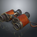 Vintage Binoculars With Brown Leather And Metal Components On Black Surface