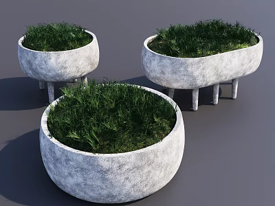 Three Bonsai Potted Plants In Gray Concrete Planters With Legs And Lush Greenery 3d model